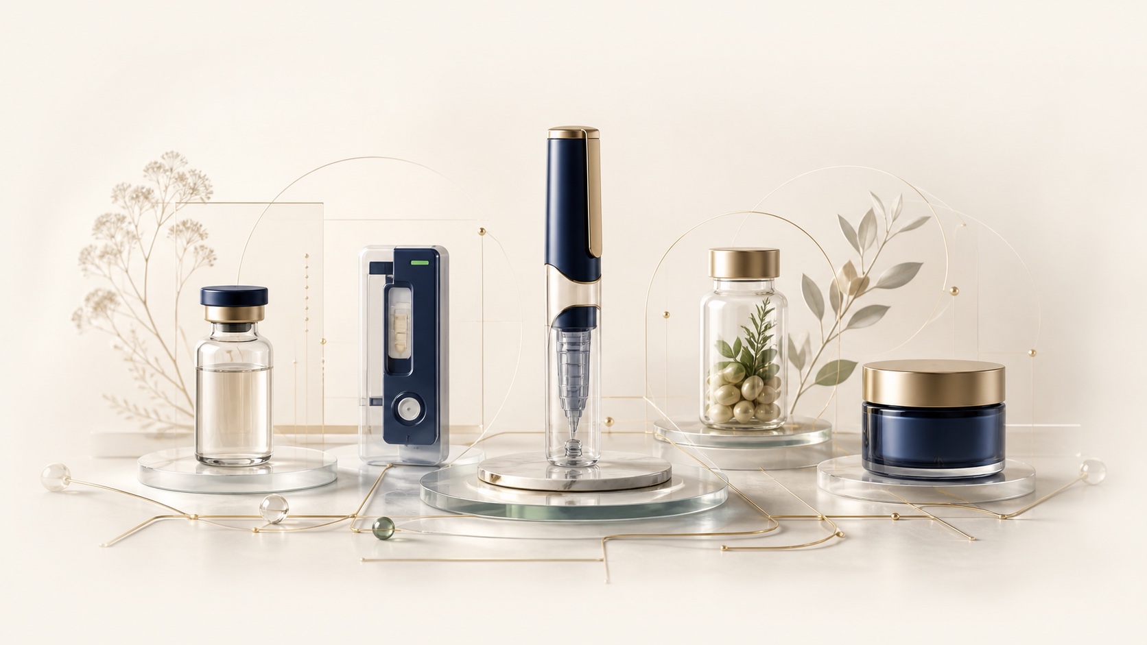 Pharmaceutical, medical device, supplement, and cosmetic product formats connected by gold pathways, representing life sciences regulatory consulting.